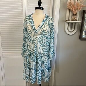 Blue Leaf Print Sheer Cover-Up Dress